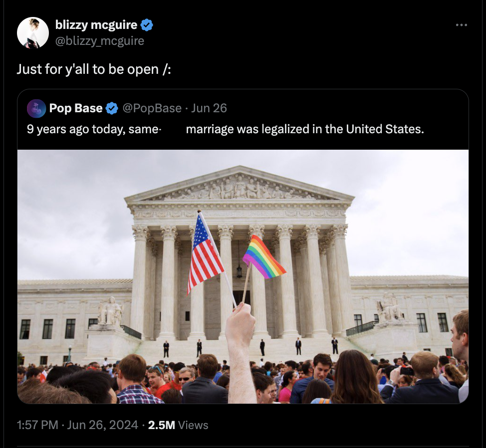 same sex marriage supreme court - blizzy mcguire Just for y'all to be open Jun 26 Pop Base 9 years ago today, same. marriage was legalized in the United States. 2.5M Views